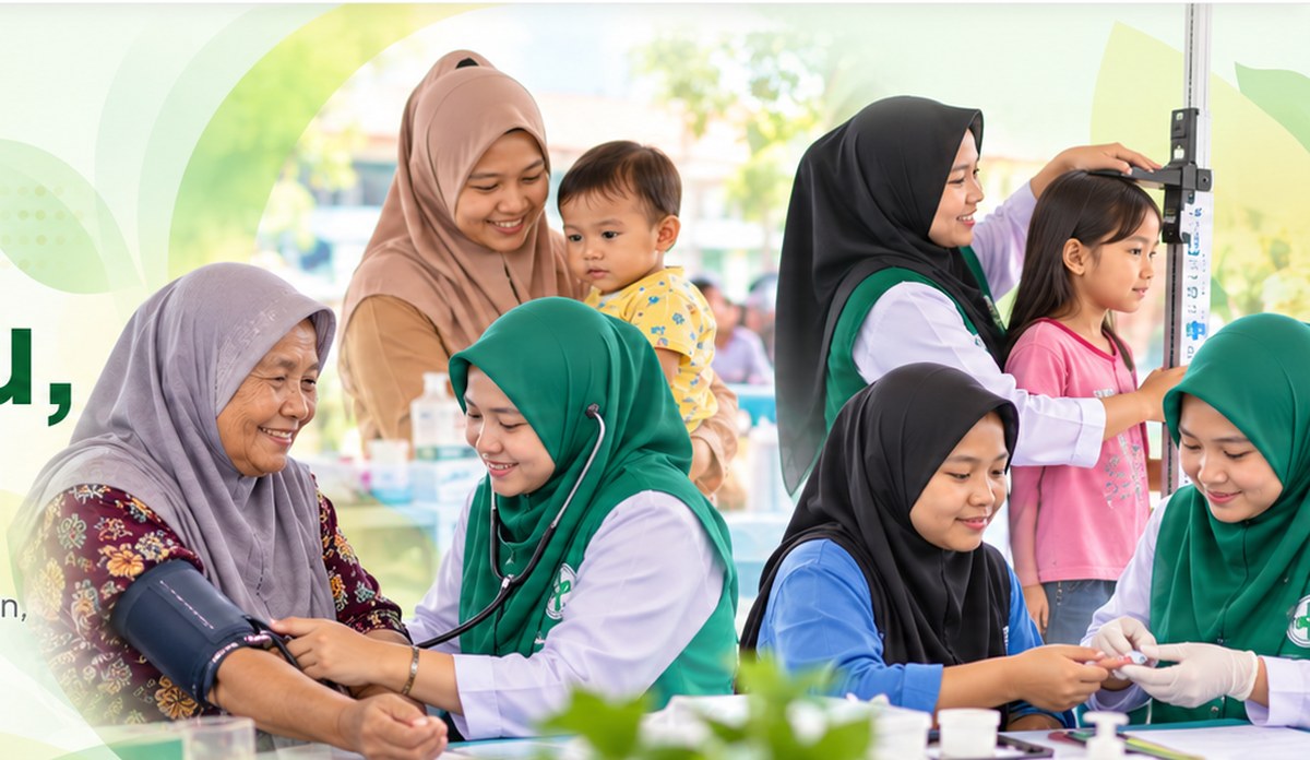 Ilustrasi kegiatan Posyandu, pemeriksaan lansia, ibu dan anak, serta pelayanan remaja